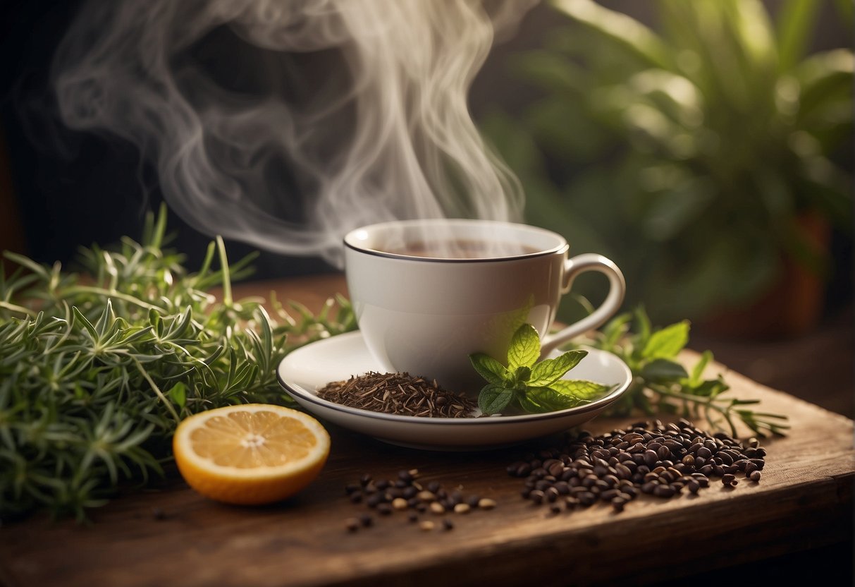 Steaming cup of tea surrounded by herbs and steam, with caution label