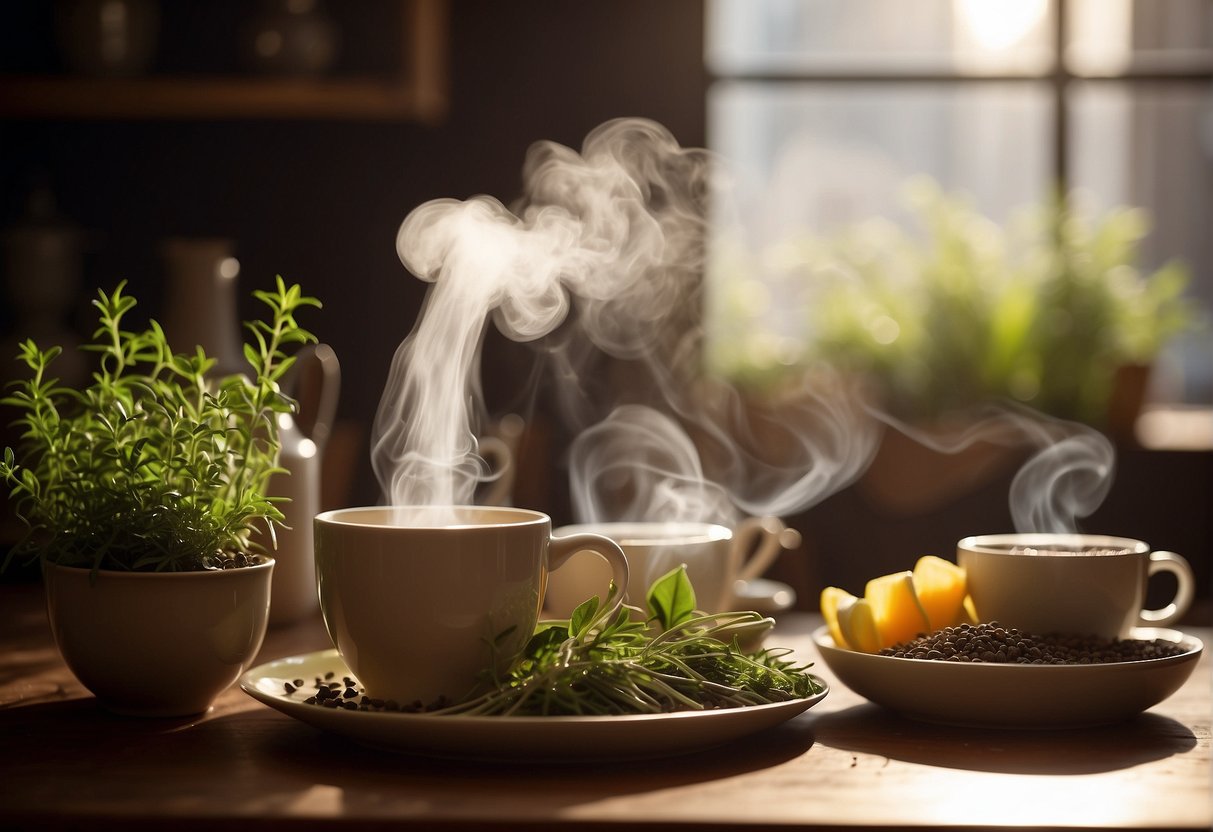 Steam rising from a cup of tea surrounded by bowls of herbs and essential oils. A warm, inviting atmosphere with soft lighting and soothing colors