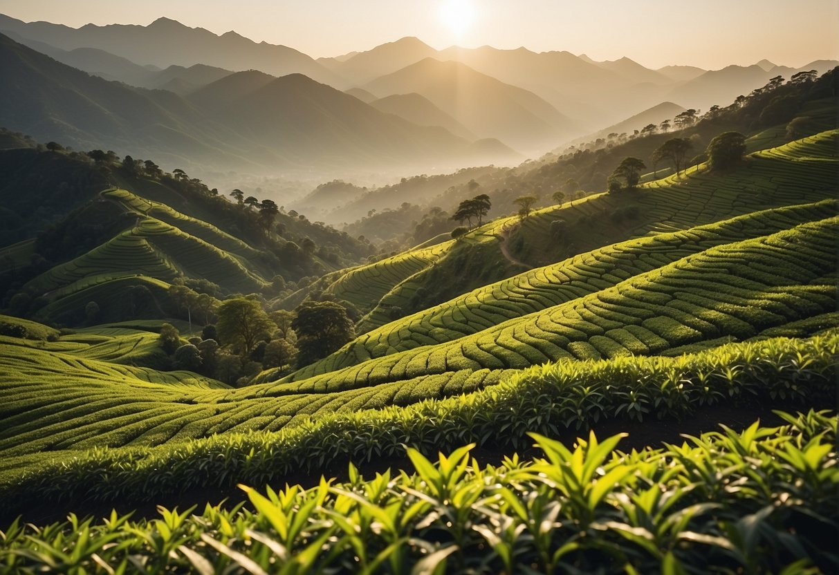 Lush green tea fields under a golden sun, with misty mountains in the background. A luxurious tea plantation with pristine leaves and delicate buds, showcasing the factors influencing the most expensive tea in the world