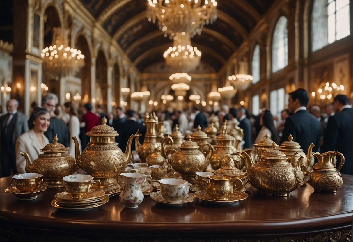 A grand hall filled with wealthy patrons bidding on ornate tea sets, surrounded by opulent decor and historical artifacts