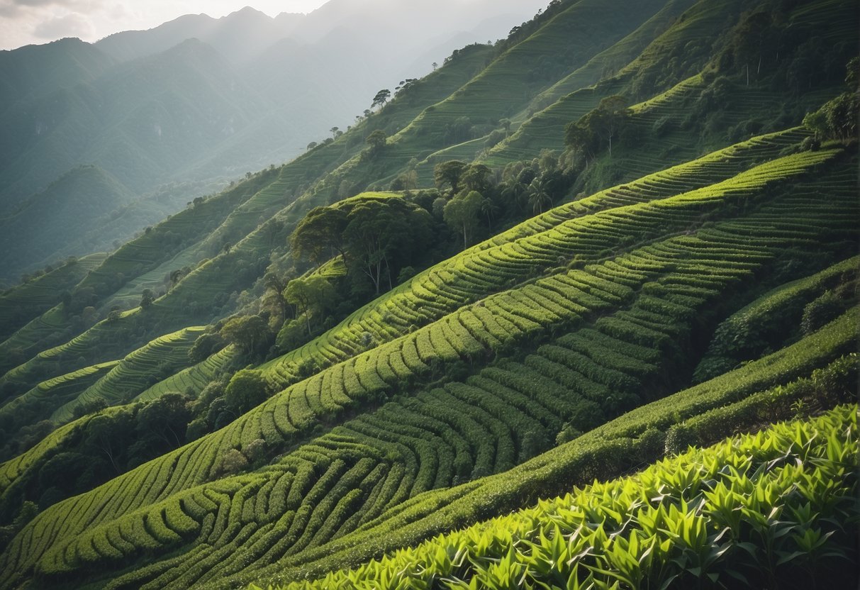 A lush, mist-covered mountainside with rows of meticulously tended tea bushes, surrounded by a tranquil, serene atmosphere