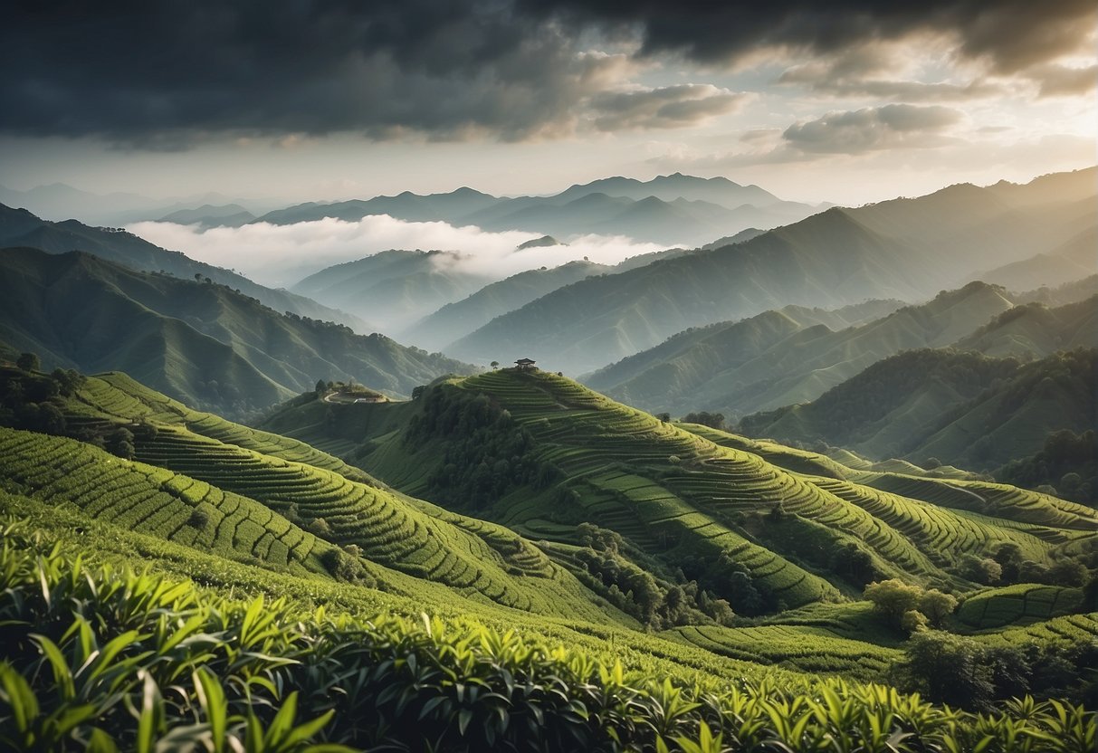 A lush, mountainous landscape with vibrant green tea fields stretching into the distance, surrounded by misty clouds and a sense of tranquility