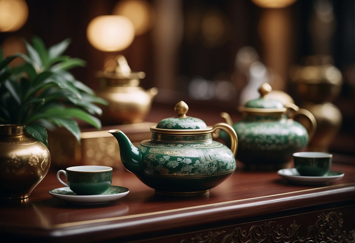 A luxurious tea ceremony with rare leaves steeping in ornate pots, surrounded by opulent decor and eager tasters, exuding an air of refinement and exclusivity