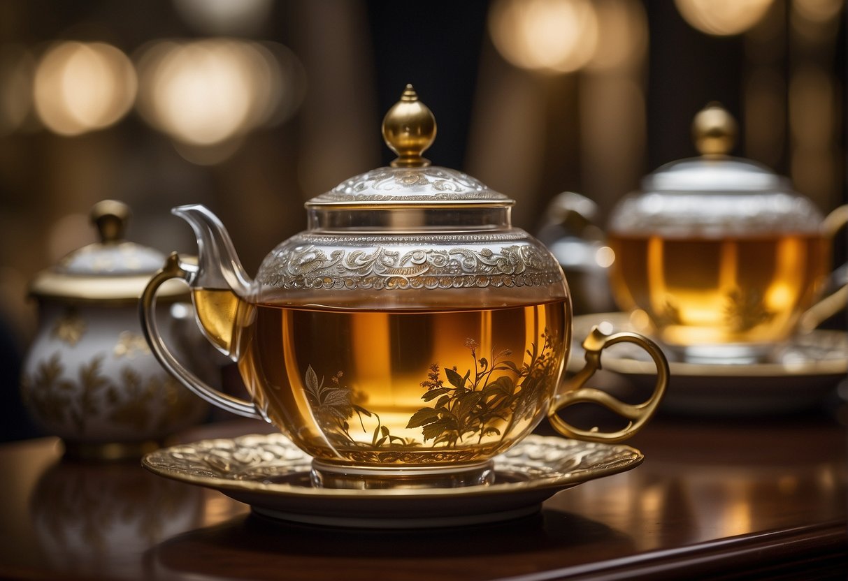 A luxurious display of the world's most expensive tea, showcased in an opulent setting with ornate tea sets, delicate tea leaves, and a price tag that reflects its rarity and exclusivity