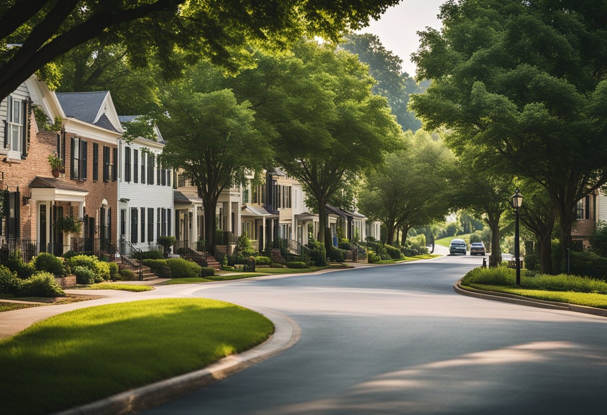 A peaceful suburban street in Franklin, TN with affordable housing, lush greenery, and a welcoming community