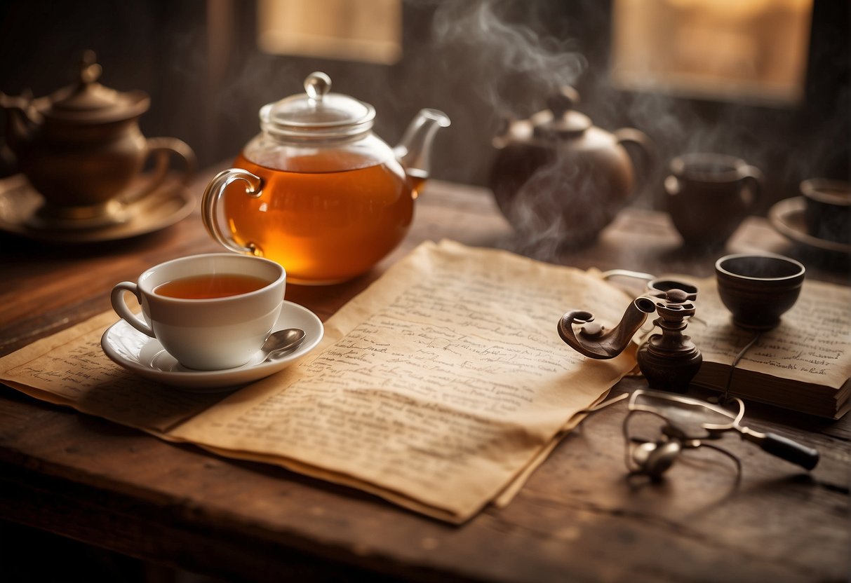 Tea-stained paper with visible texture and warm color, surrounded by a collection of vintage writing instruments and a steaming cup of tea