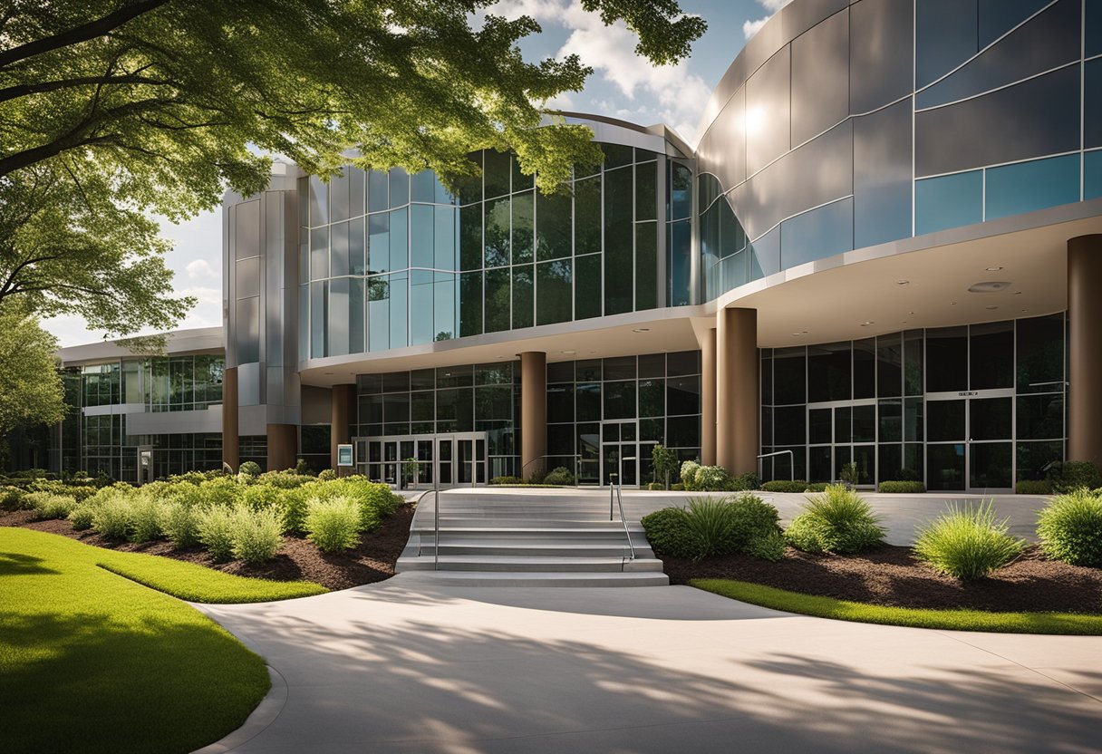 A bustling healthcare facility in Franklin, TN. Lush greenery surrounds the modern building, with patients coming and going. The sun shines down on the peaceful scene, highlighting the welcoming entrance