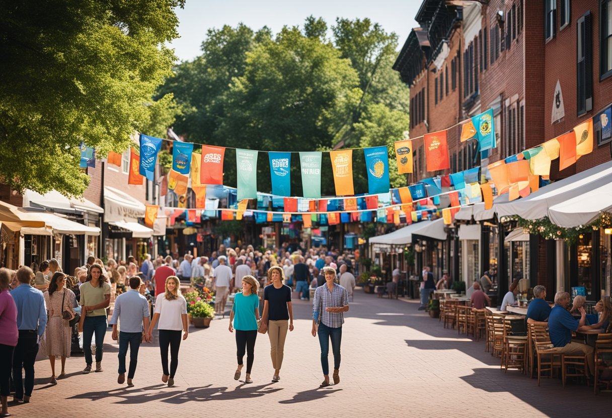 A bustling town square with local shops, live music, and outdoor dining. Colorful banners and flags line the streets, showcasing the vibrant community and rich culture of Franklin, TN