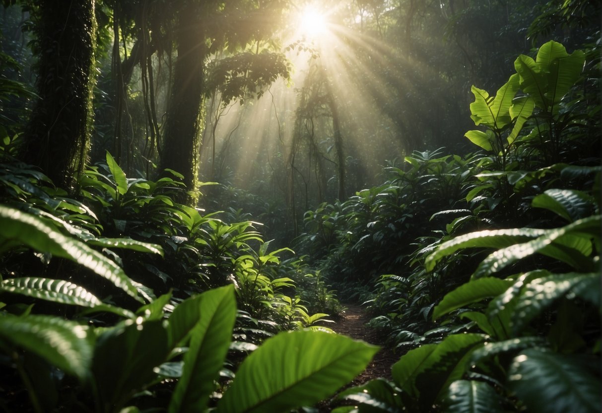 Lush rainforest with vibrant green Guayusa plants, sunlight filtering through the canopy, indigenous people harvesting leaves, and a serene atmosphere
