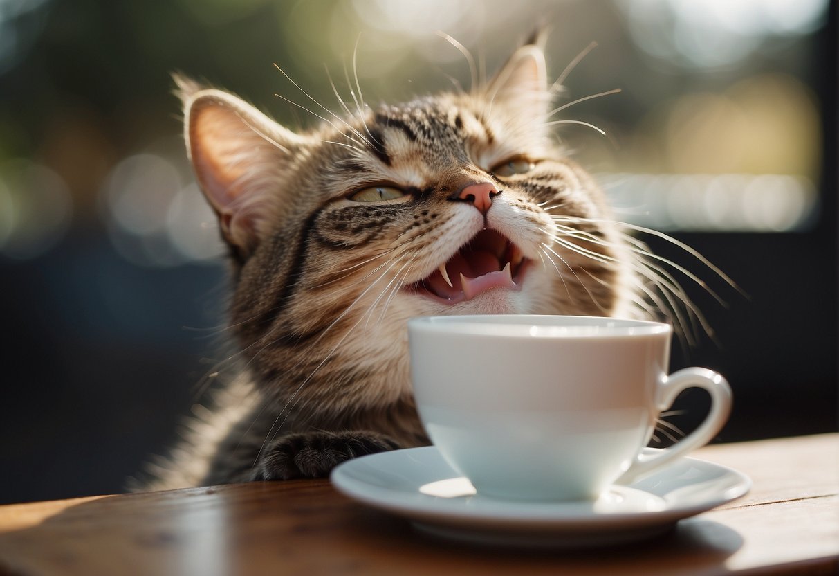 A cat happily sipping tea from a small, delicate cup, with a content expression on its face