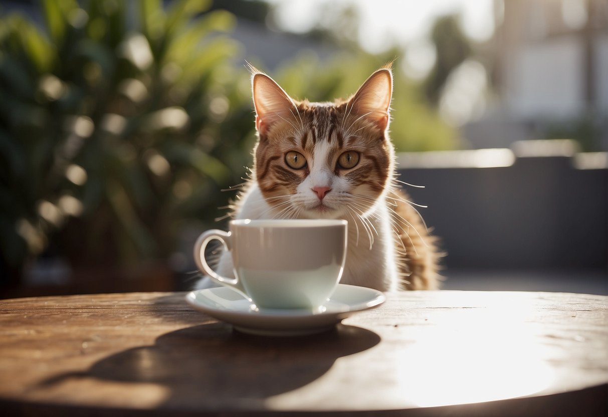 A cat knocking over a hot cup of tea, with a concerned owner in the background