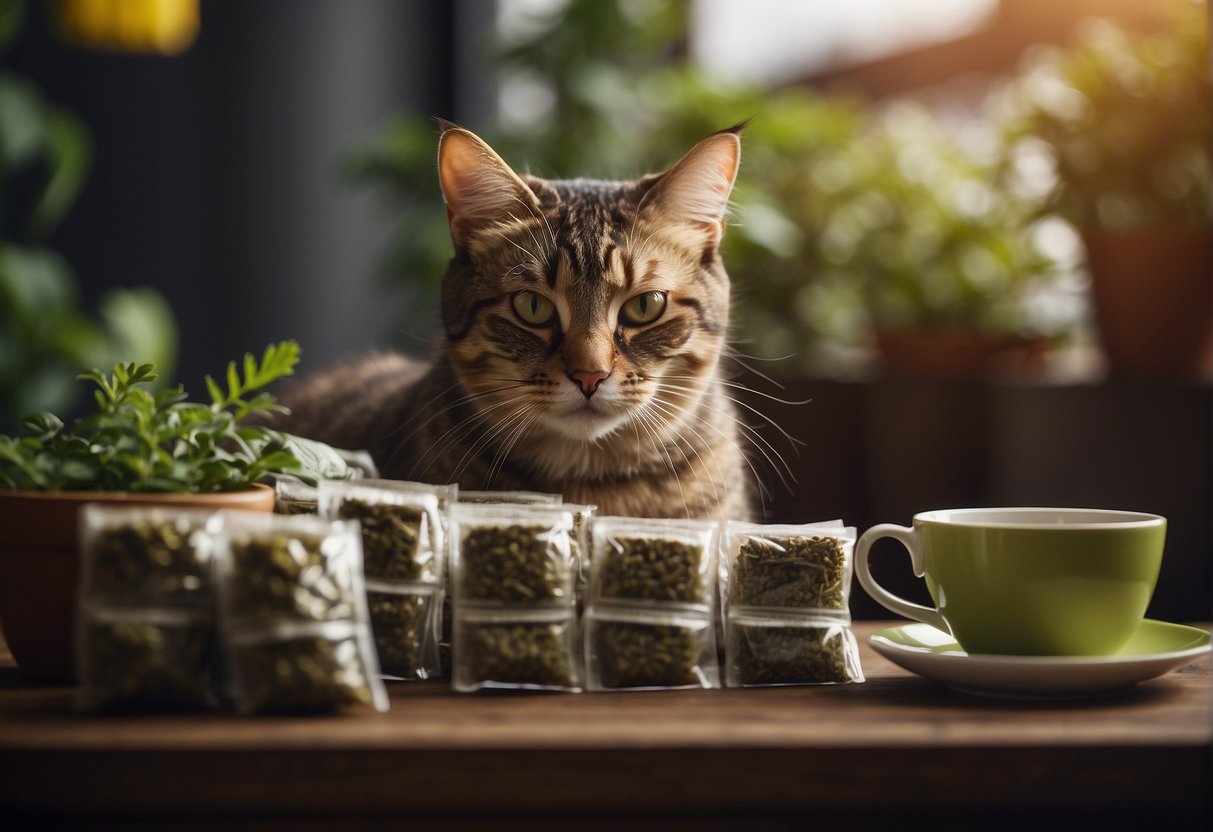 A cozy scene with various herbal tea bags and a curious cat sniffing them