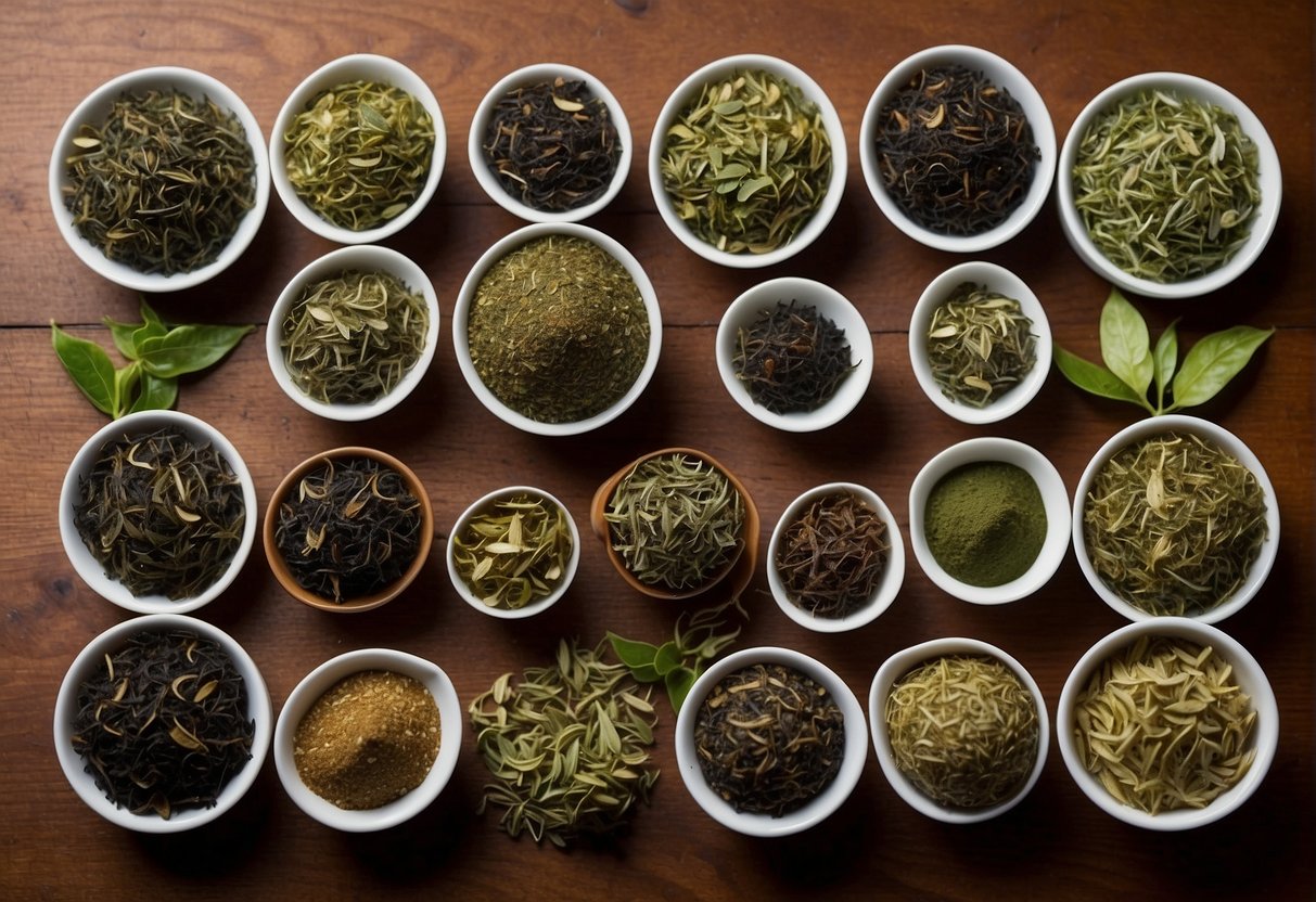 A variety of loose tea leaves spread out on a wooden surface, including green, black, oolong, and herbal types