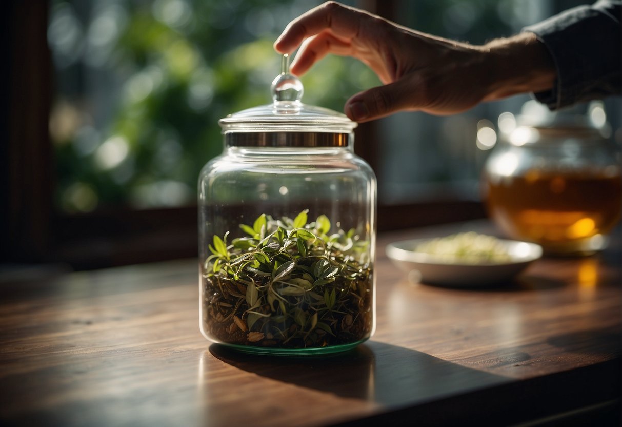 A hand pours loose tea leaves into a glass jar for storage