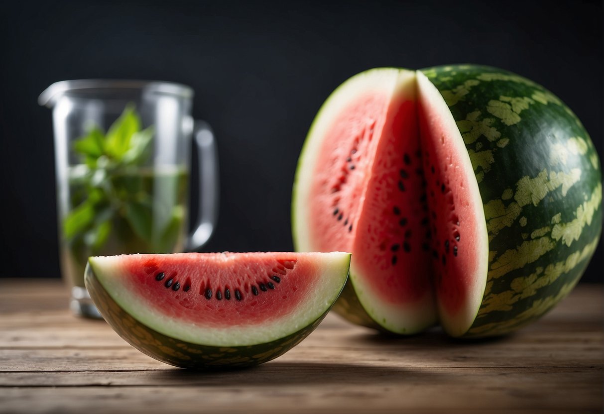 A ripe watermelon is being sliced and blended with water to create watermelon tea