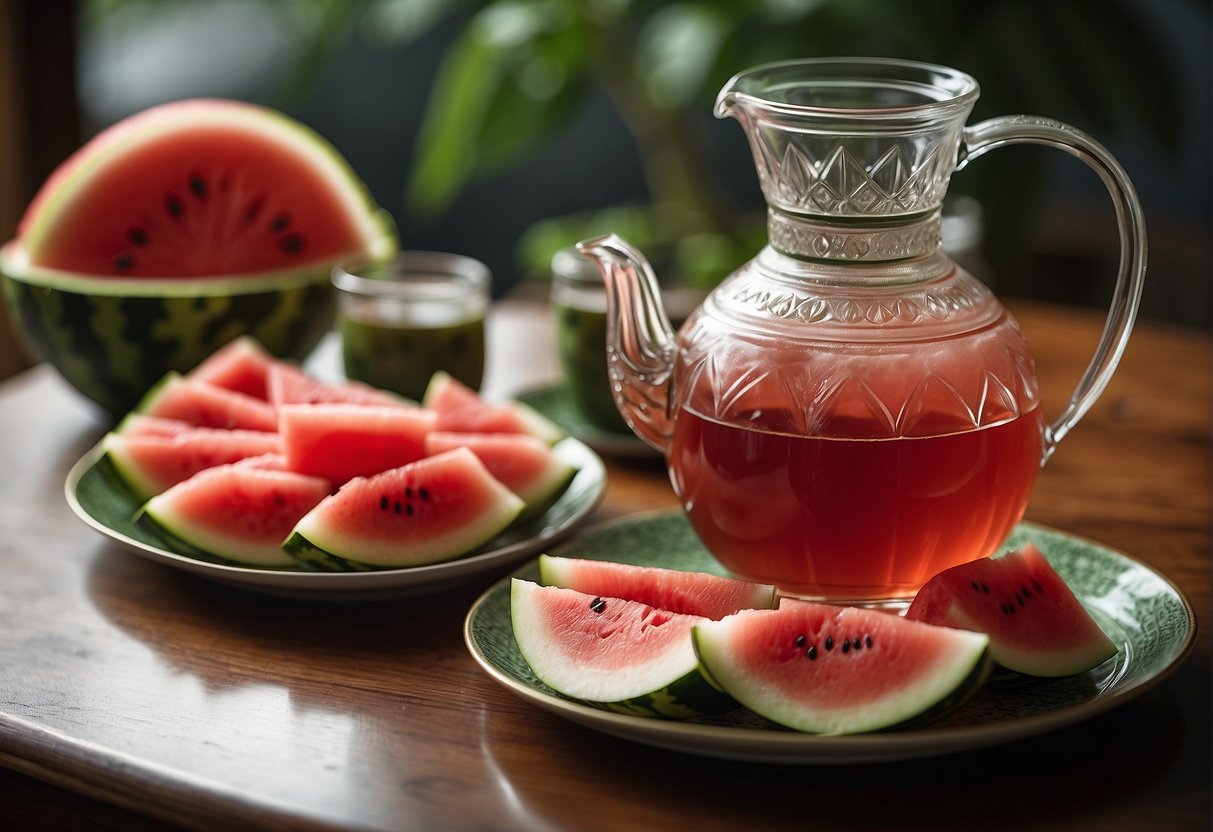 A table with a traditional Chinese tea set and a watermelon cut into slices, with a pitcher of watermelon tea beside it