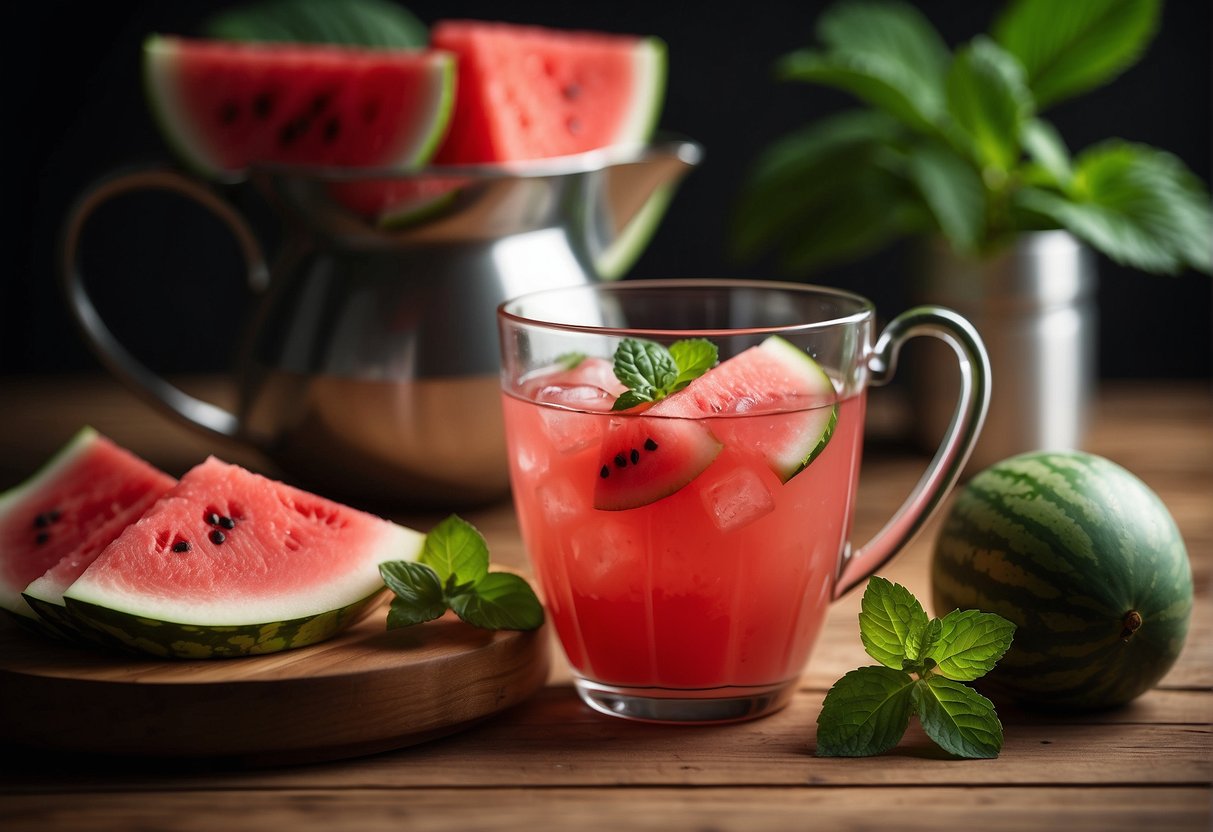 A pitcher of watermelon tea surrounded by fresh watermelon slices and mint leaves on a wooden table