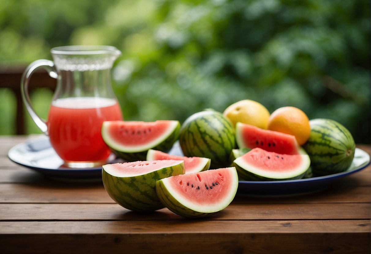 A pitcher of watermelon tea sits next to a plate of assorted fruits on a wooden table, with a backdrop of lush green foliage