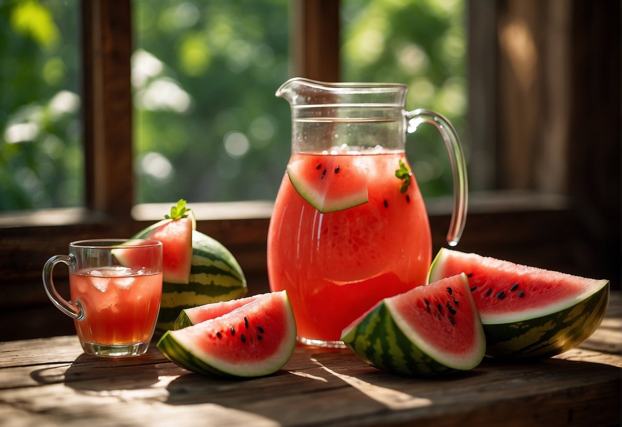 A pitcher of watermelon tea sits on a rustic wooden table, surrounded by fresh watermelon slices and mint leaves. Sunlight filters through a nearby window, casting a warm glow on the scene