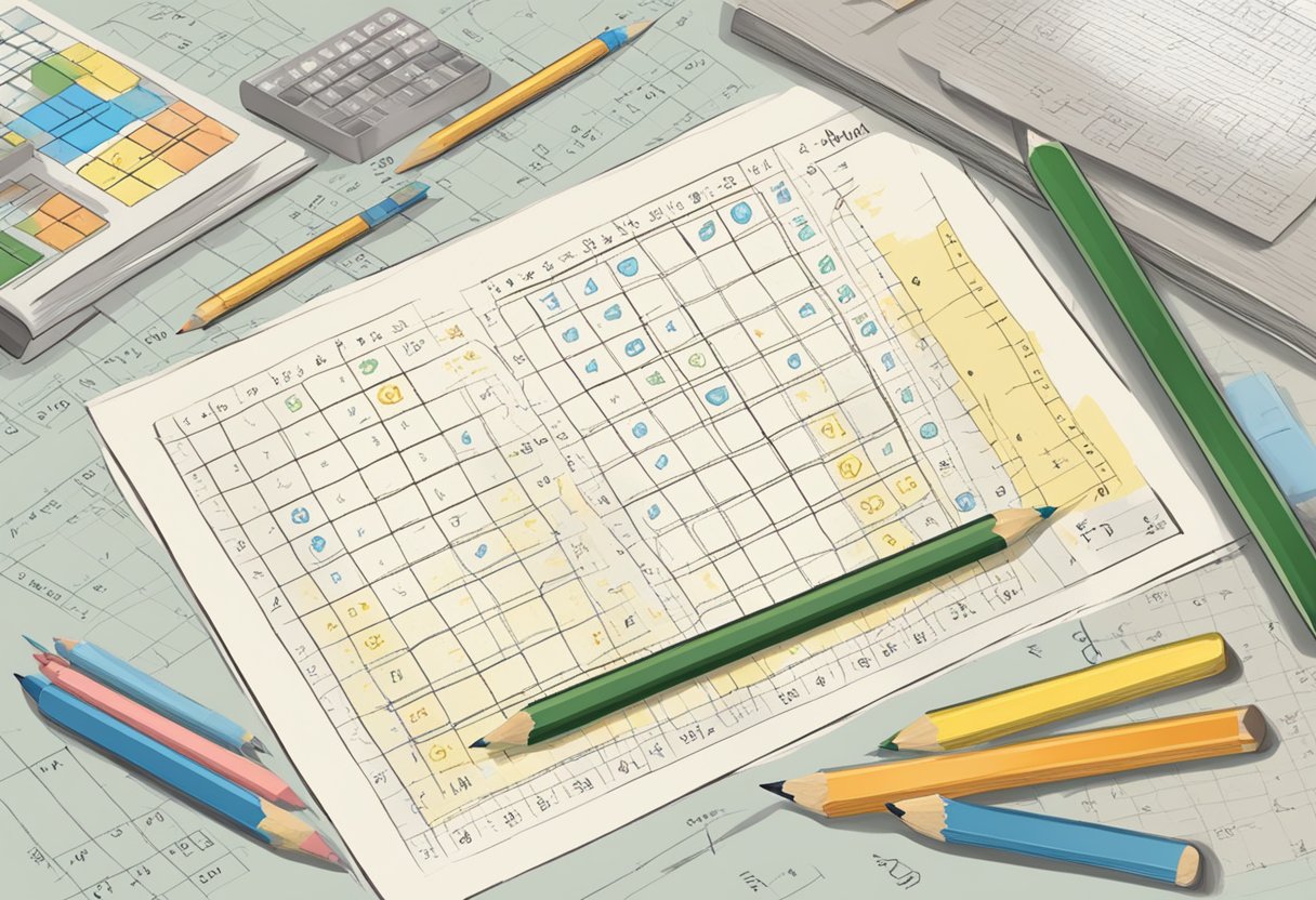 A table with math problems, a rubric, and a pencil