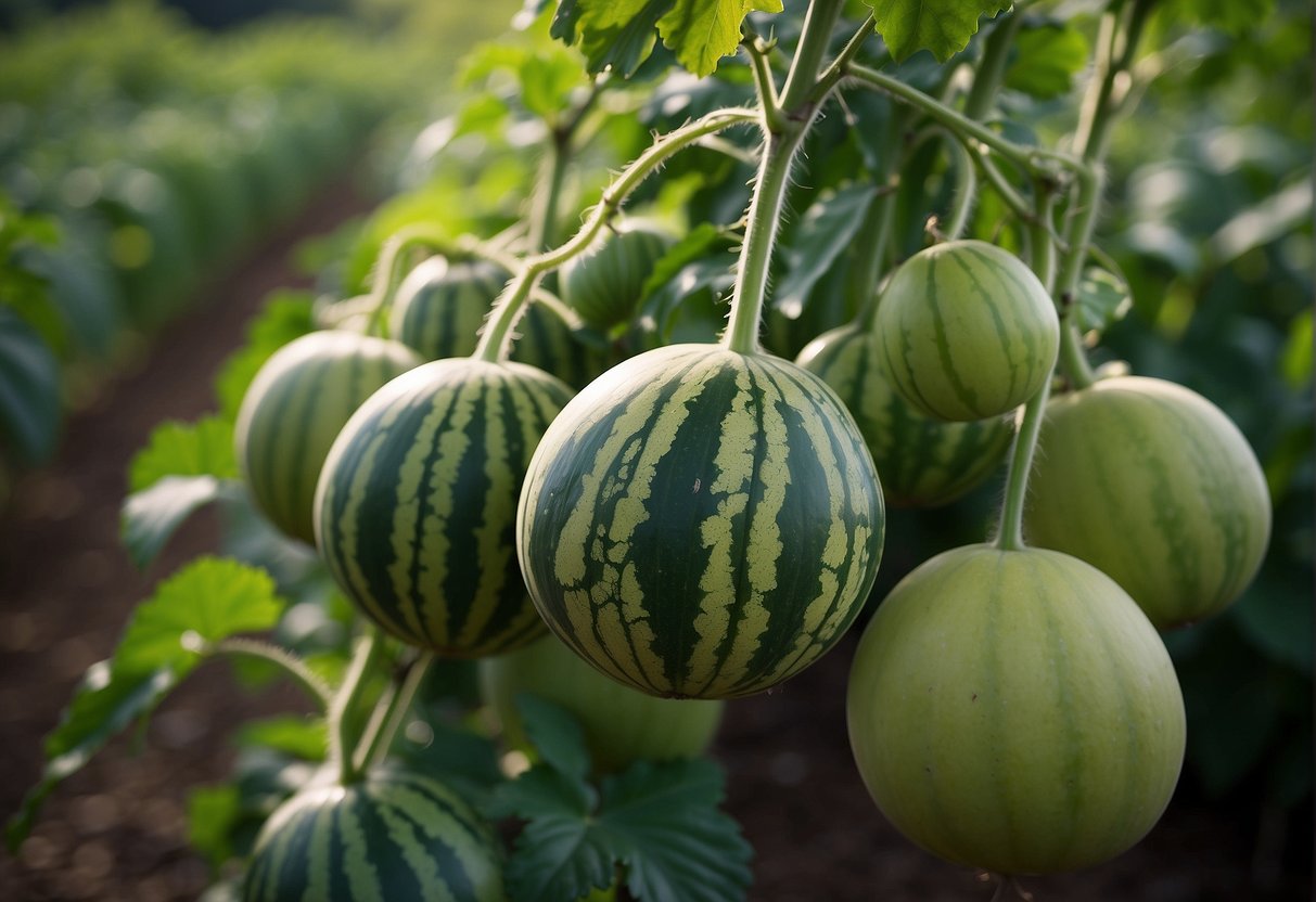 Lush green vines twist around ripe watermelons, ready to be harvested for refreshing watermelon tea