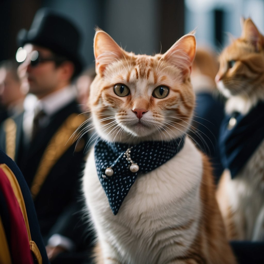 Elegant cats wearing stylish outfits at a high-end fashion show