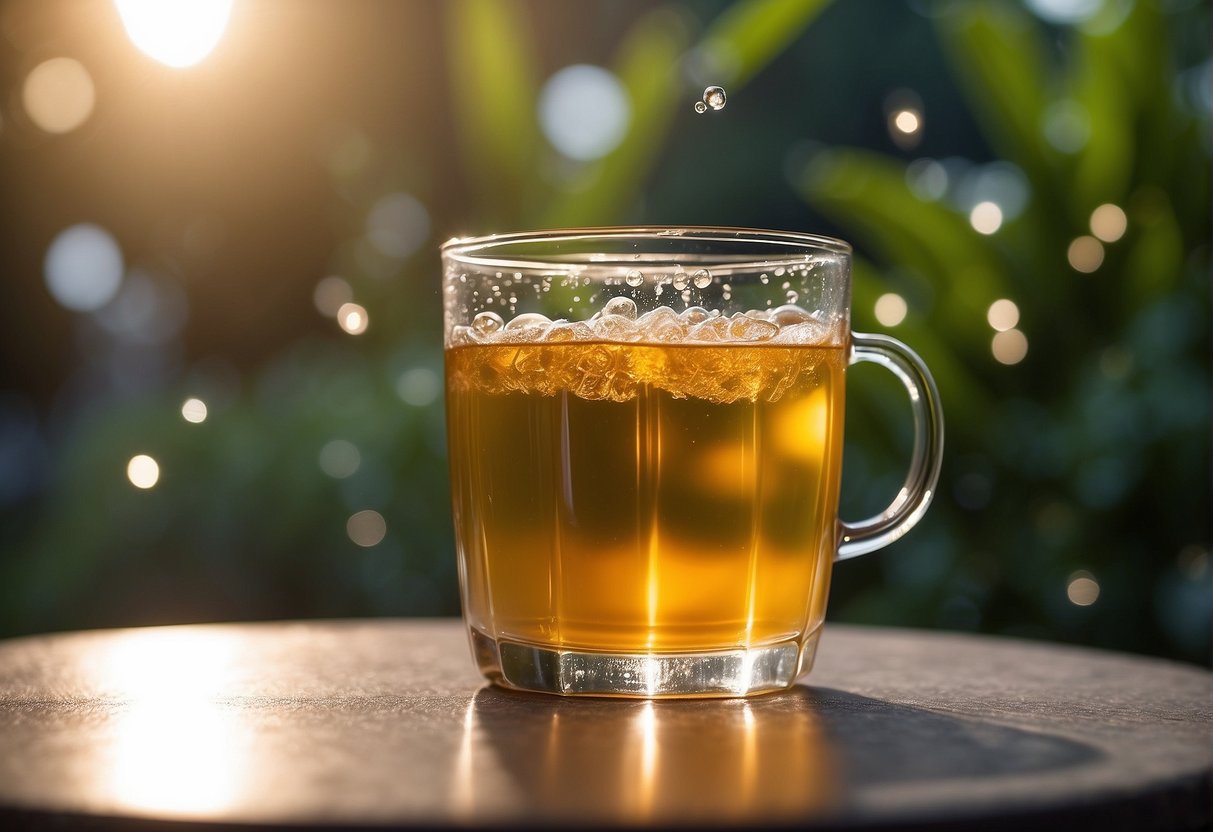 Bubbles rise in a glass of carbonated tea, fizzing and effervescing against the backdrop of a serene tea garden