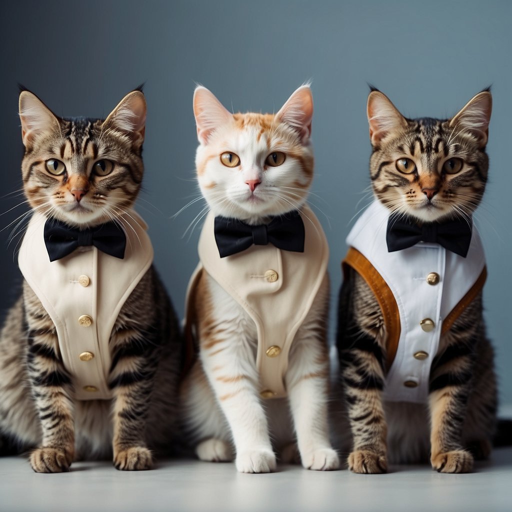 A group of chic cats wearing stylish outfits, posing confidently on a runway with fashion accessories and a glamorous backdrop