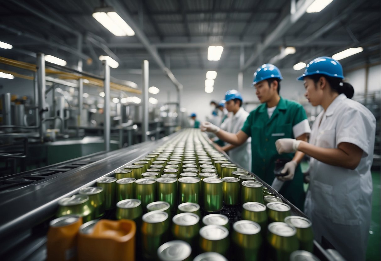 A factory floor with workers inspecting carbonated tea cans for compliance with regulations