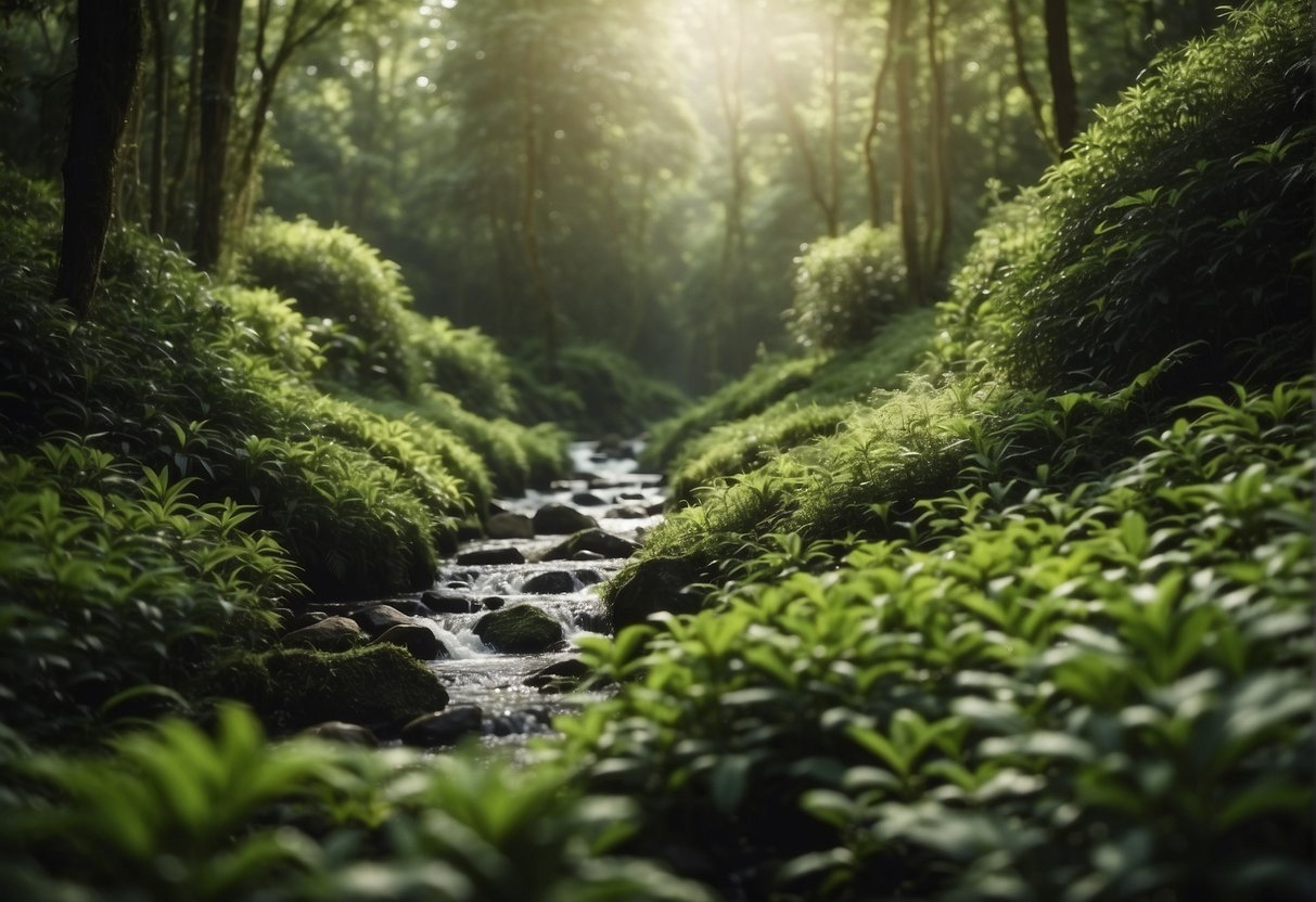 A lush green forest with a stream flowing through it, surrounded by tea plants and a factory emitting carbon dioxide
