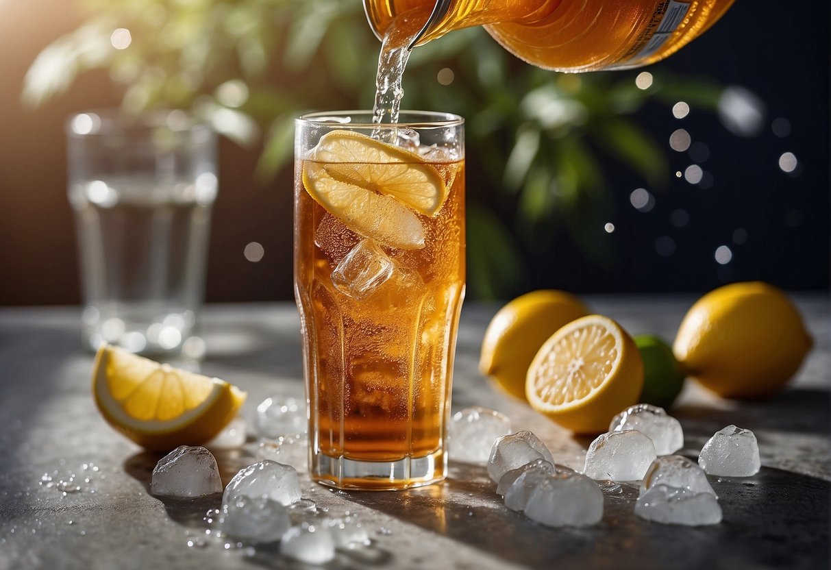 A person opens a can of carbonated tea, pouring it into a glass over ice. The bubbles fizz as they rise to the top, creating a refreshing and effervescent drink