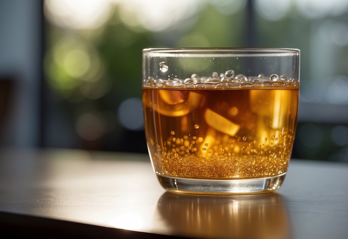 A glass of carbonated tea sits on a table, bubbles rising to the surface. Nearby, ingredients like tea leaves and carbonation equipment suggest potential solutions to the challenges of creating this unique beverage