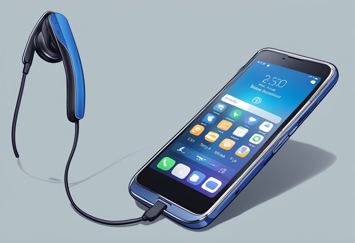 A cell phone with a Bluetooth headset attached