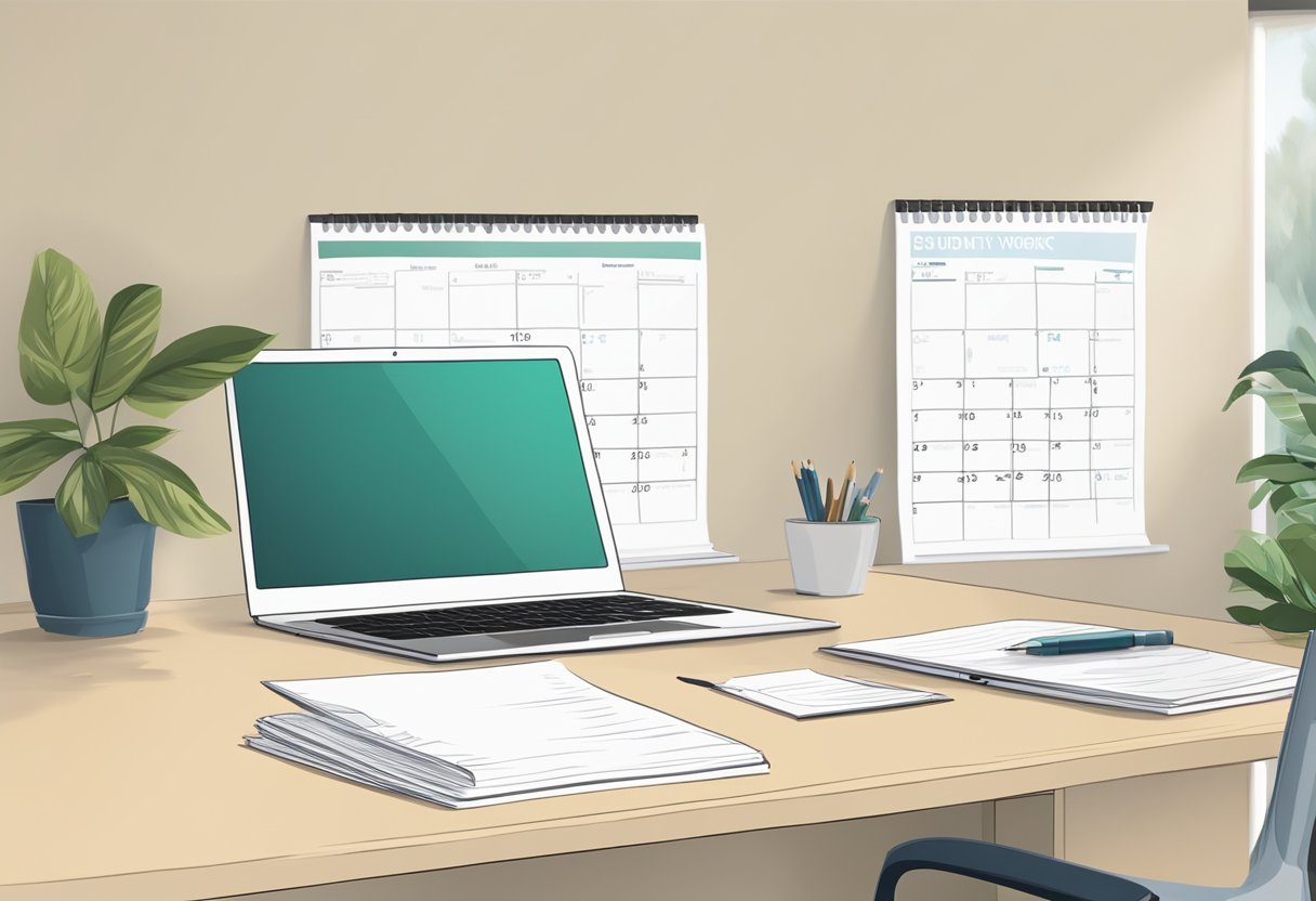 A desk with a laptop, papers, and a pen. A student's work displayed on the wall. A calendar with upcoming conference dates