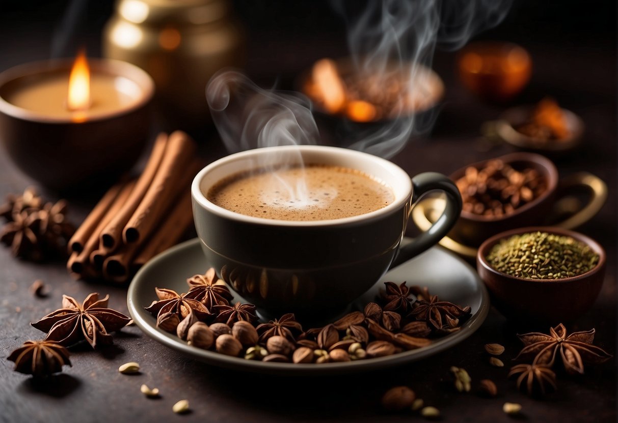 A steaming cup of masala chai surrounded by aromatic spices like cardamom, cinnamon, and cloves