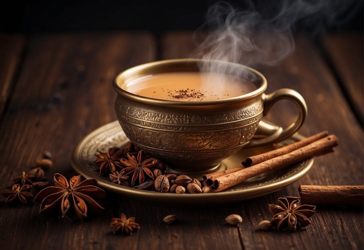 A steaming cup of masala chai sits on a rustic wooden table, surrounded by aromatic spices like cardamom, cinnamon, and ginger. The rich, creamy beverage exudes warmth and comfort