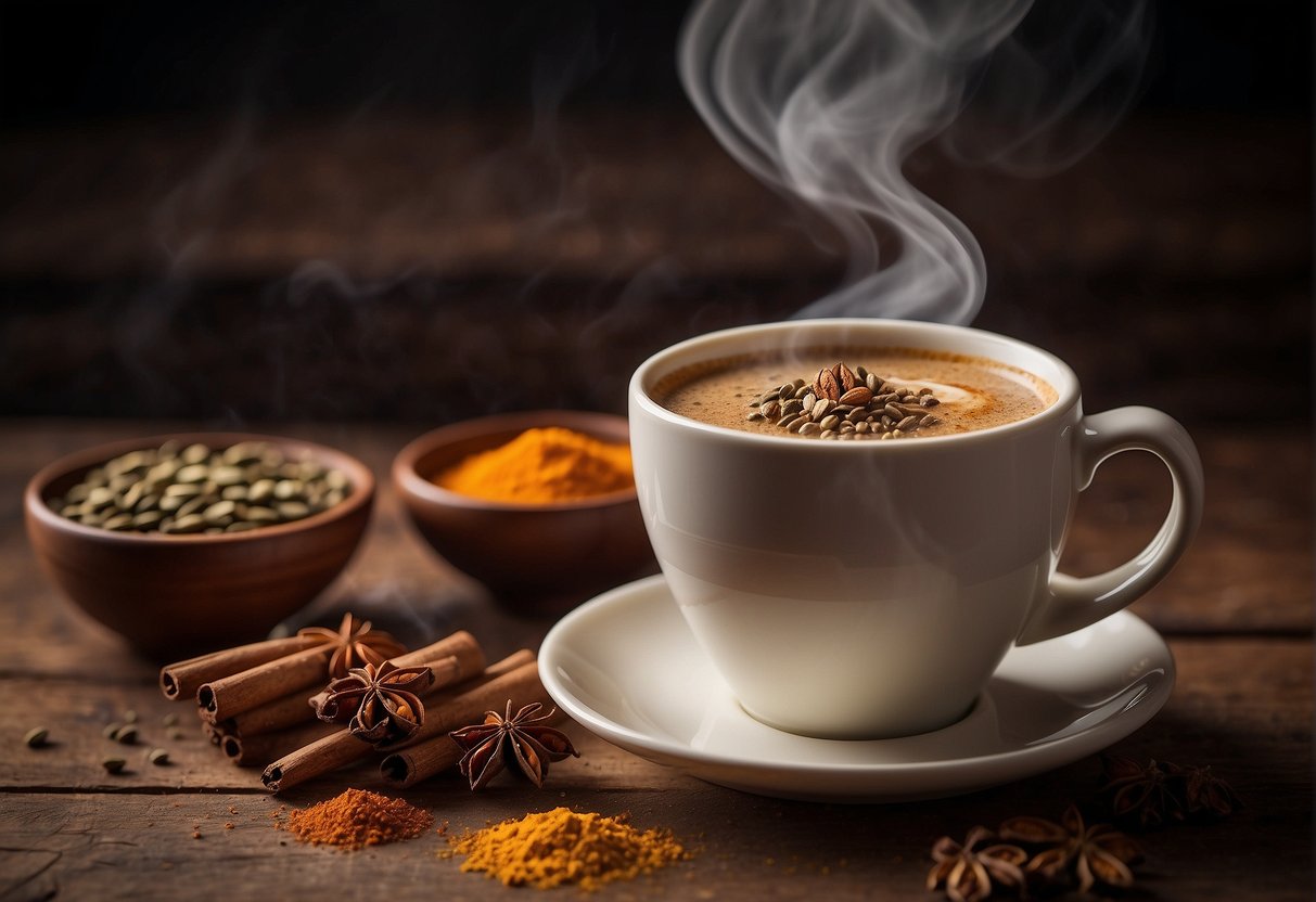 A steaming cup of masala chai sits on a rustic wooden table, surrounded by vibrant spices like cardamom, cinnamon, and ginger. The rich aroma wafts through the air, inviting the viewer to take a sip