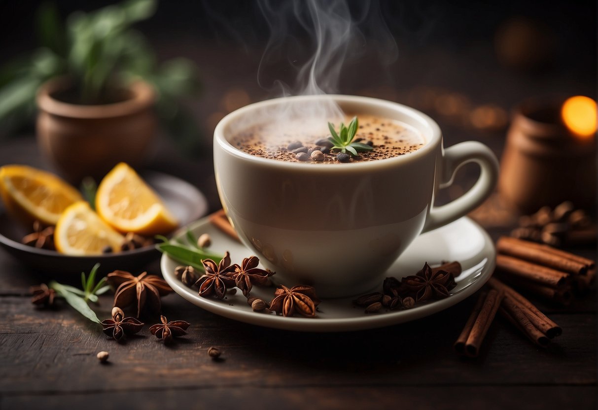 A steaming cup of masala chai surrounded by aromatic spices and herbs, evoking a sense of warmth and comfort
