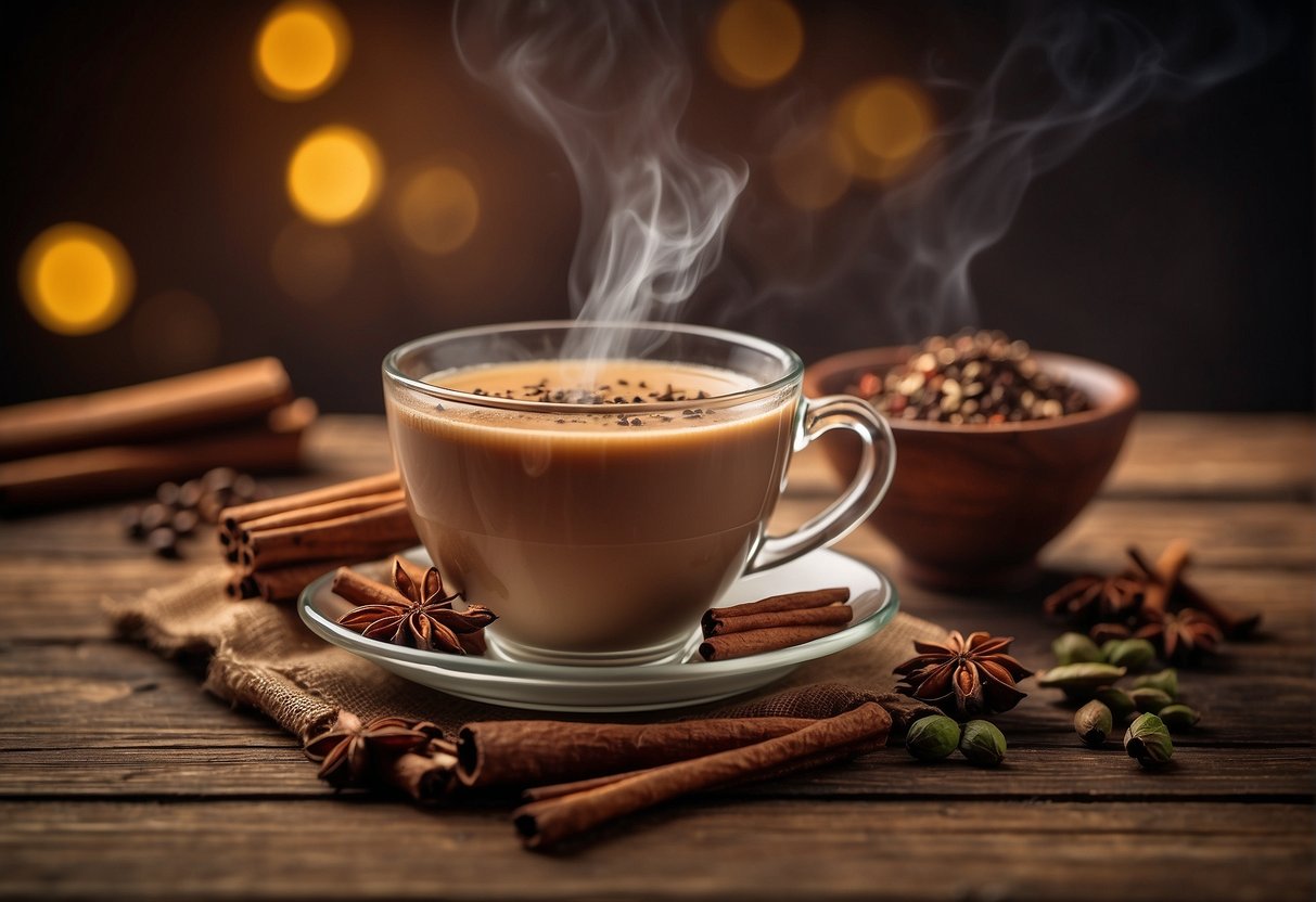 A steaming cup of masala chai sits on a rustic wooden table, surrounded by cinnamon sticks, cardamom pods, and a scattering of loose tea leaves. An inviting aroma wafts through the air