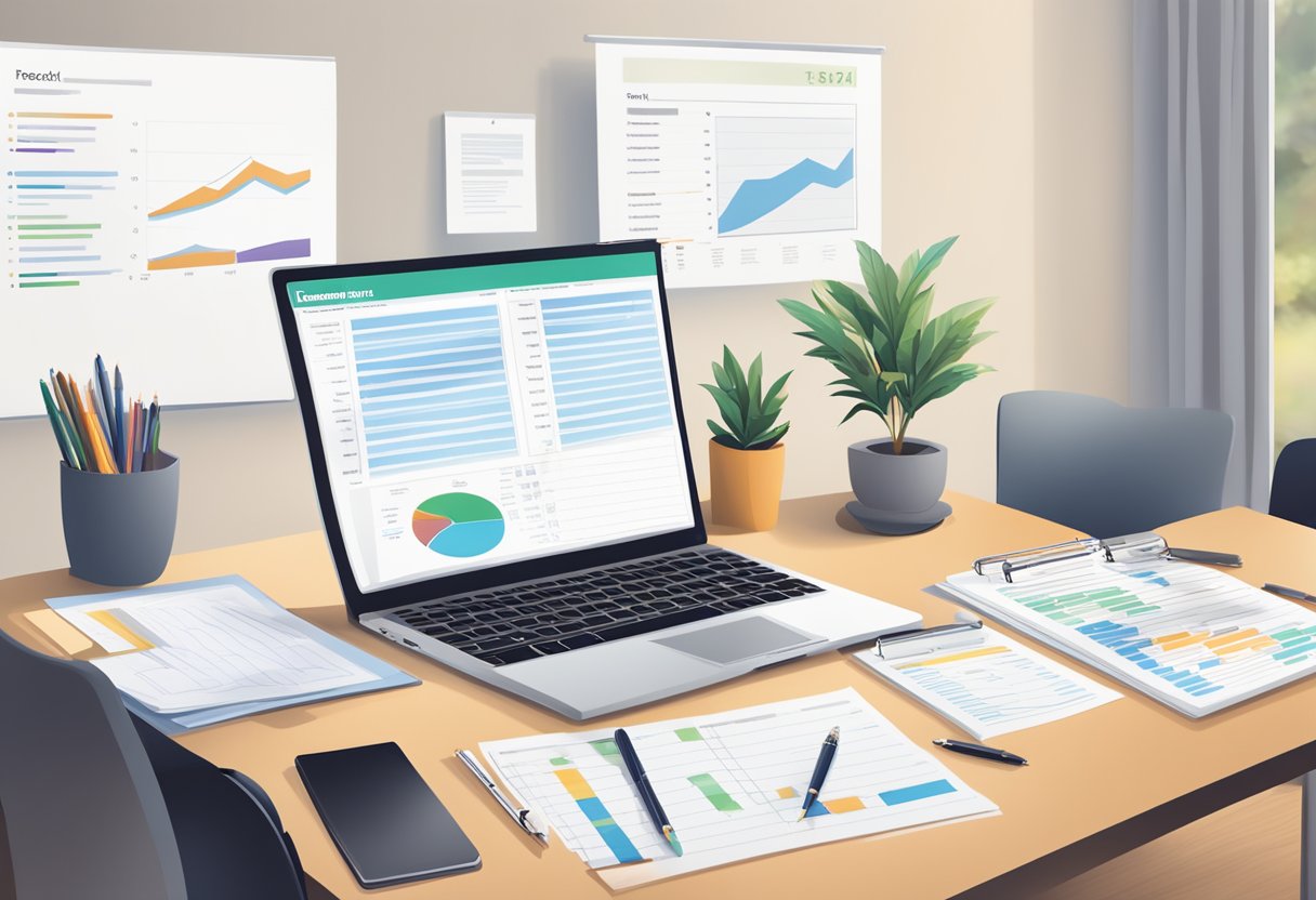 A table with papers and pens, a laptop displaying data, and a bulletin board with conference schedule and feedback forms