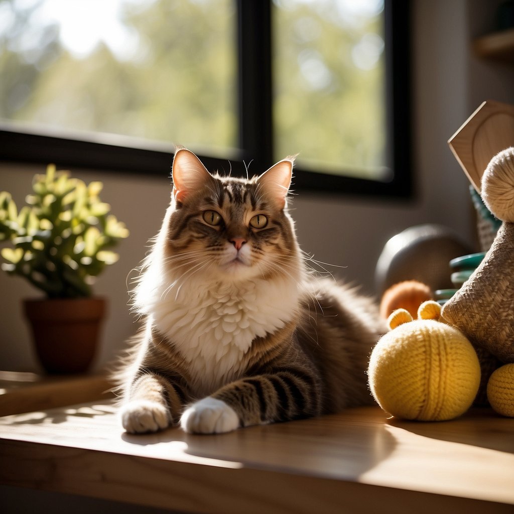 A sleek, well-groomed cat lounges on a scratching post, surrounded by toys and a bowl of fresh water.</p><p>Sunlight streams in through a window, casting a warm glow on the contented feline