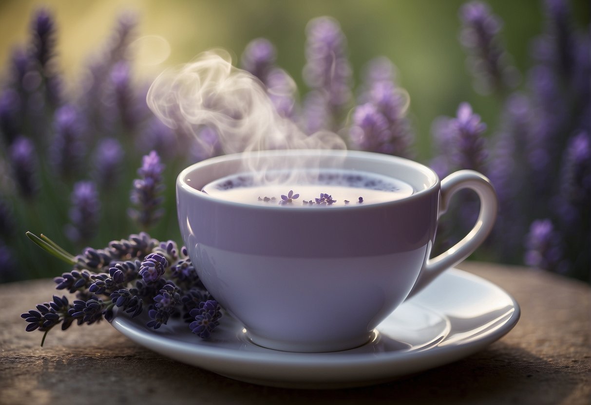 A steaming cup of lavender tea surrounded by fresh lavender sprigs and a calming, serene atmosphere