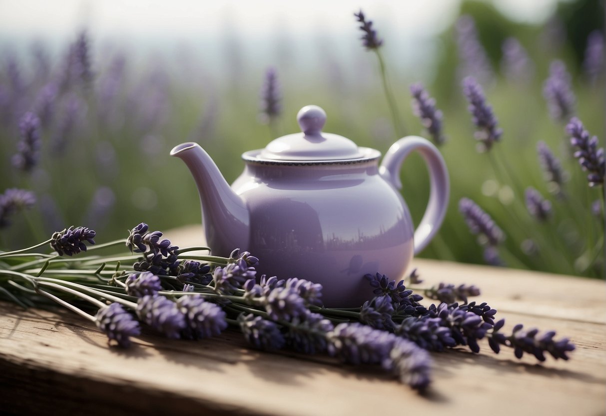 Lavender plants in full bloom, surrounded by a gentle breeze. A teapot steams with freshly brewed lavender tea
