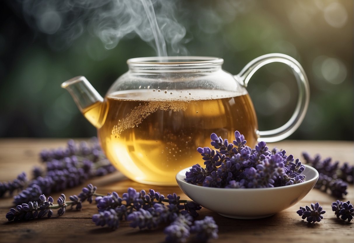 Lavender buds poured into a teapot, hot water added, steeping for 5 minutes, then poured into a cup