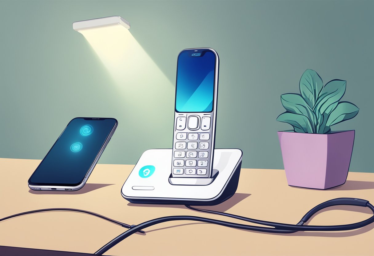 A hand reaches for a sleek Bluetooth headset next to a cell phone on a desk. The headset's LED light blinks as it pairs with the phone