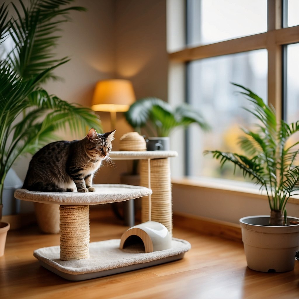 A cozy room with cat trees, scratching posts, and toys.</p><p>A window perch offers a view.</p><p>A feeding station and litter box are neatly tucked away