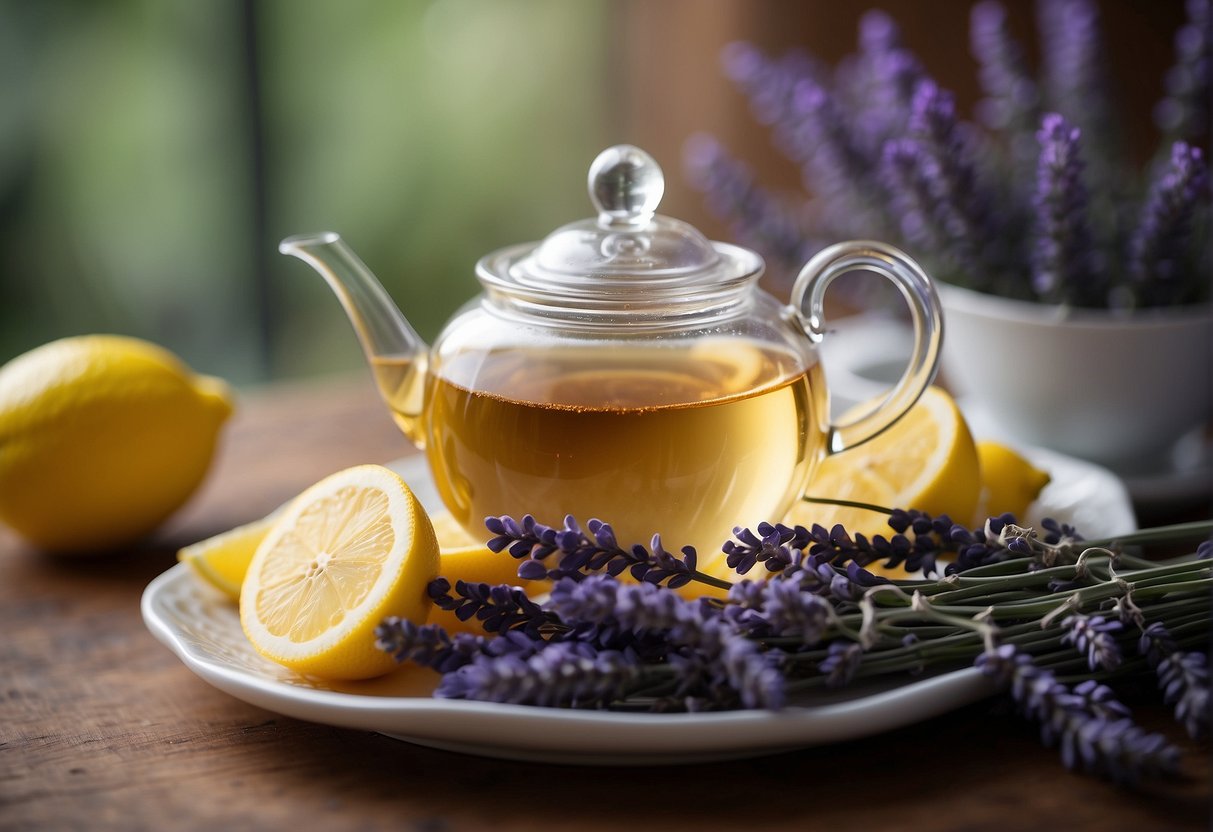 A teapot pours steaming lavender tea into a delicate cup on a saucer, surrounded by fresh lavender sprigs and a small plate of lemon slices