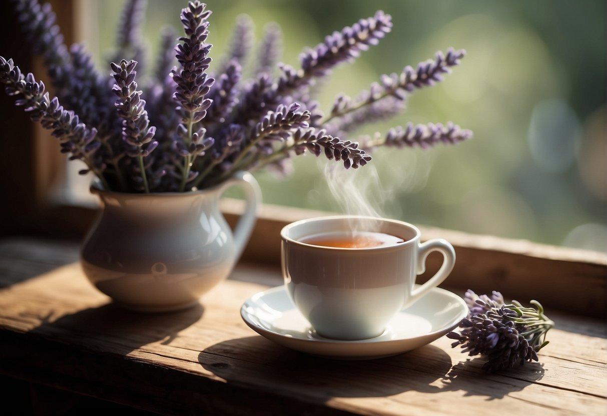 A steaming cup of lavender tea sits on a rustic wooden table, surrounded by fresh lavender sprigs and a vintage teapot. A soft, warm light filters through a nearby window, casting a gentle glow over the scene