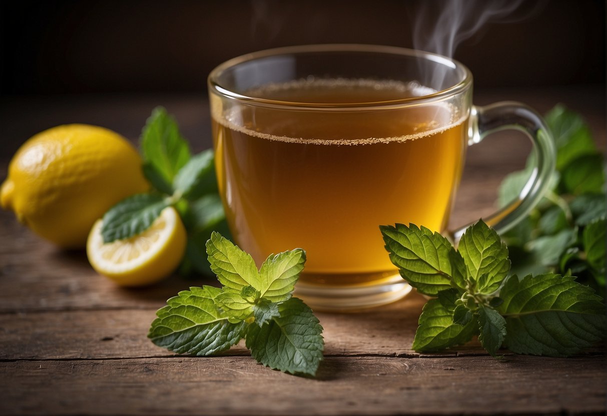 A steaming cup of lemon balm tea sits on a wooden table, surrounded by fresh lemon balm leaves and a sliced lemon