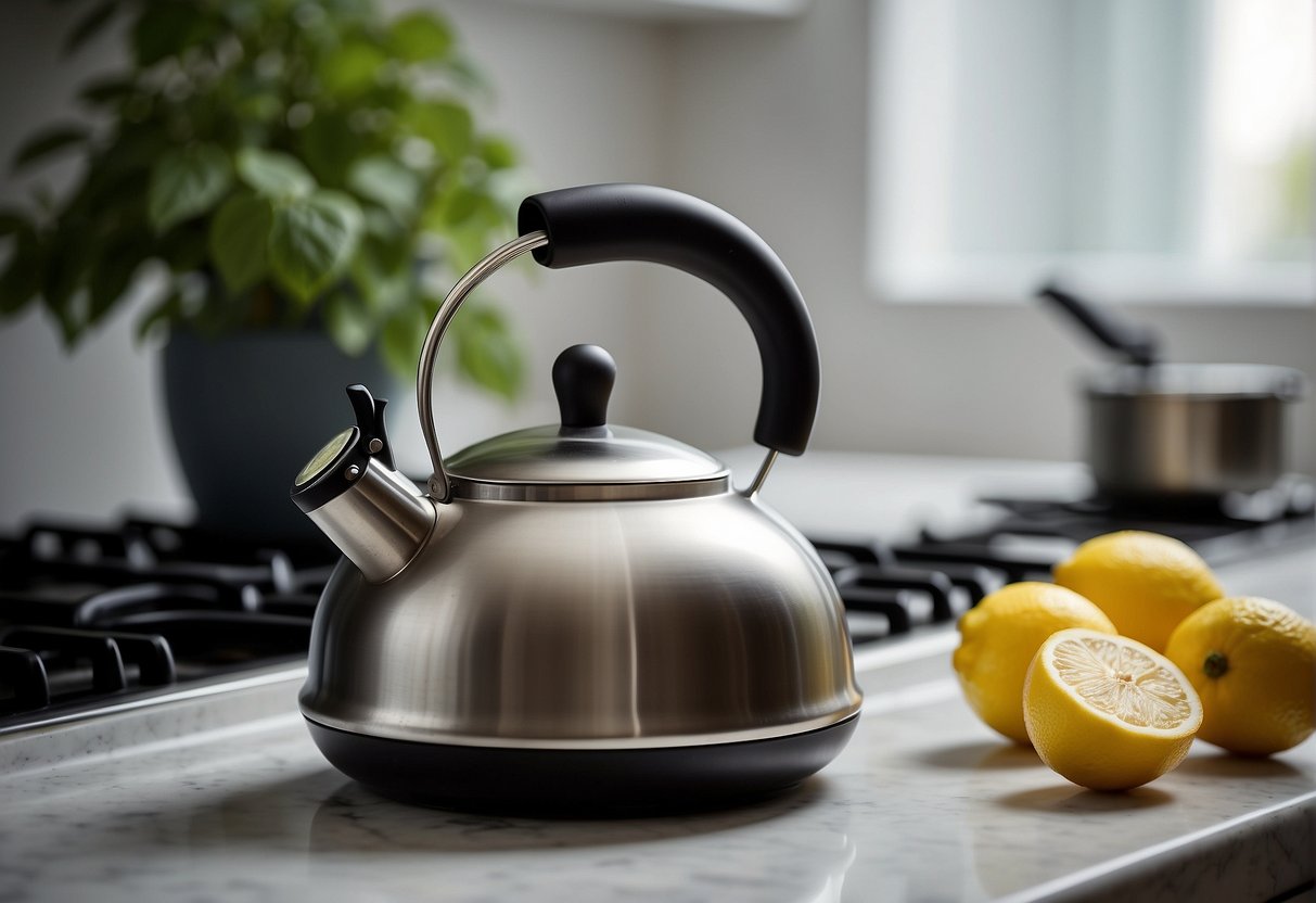 A kettle boils on a stovetop. A teapot, lemon balm leaves, and a strainer sit on the counter. A cup and saucer are nearby